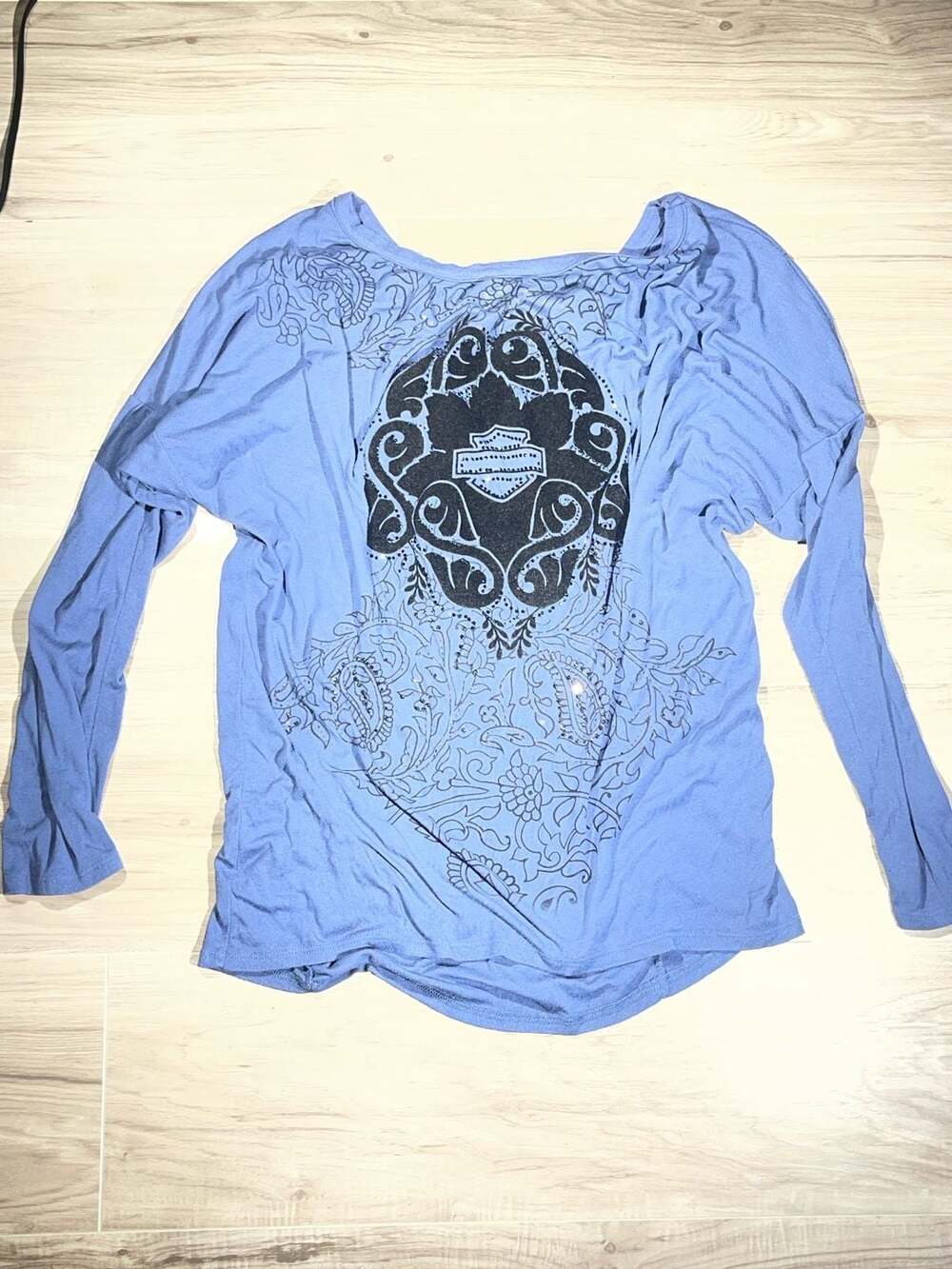 Harley-Davidson Women's Blue Long Sleeve Top with Rhinestone and Filigree Graphi